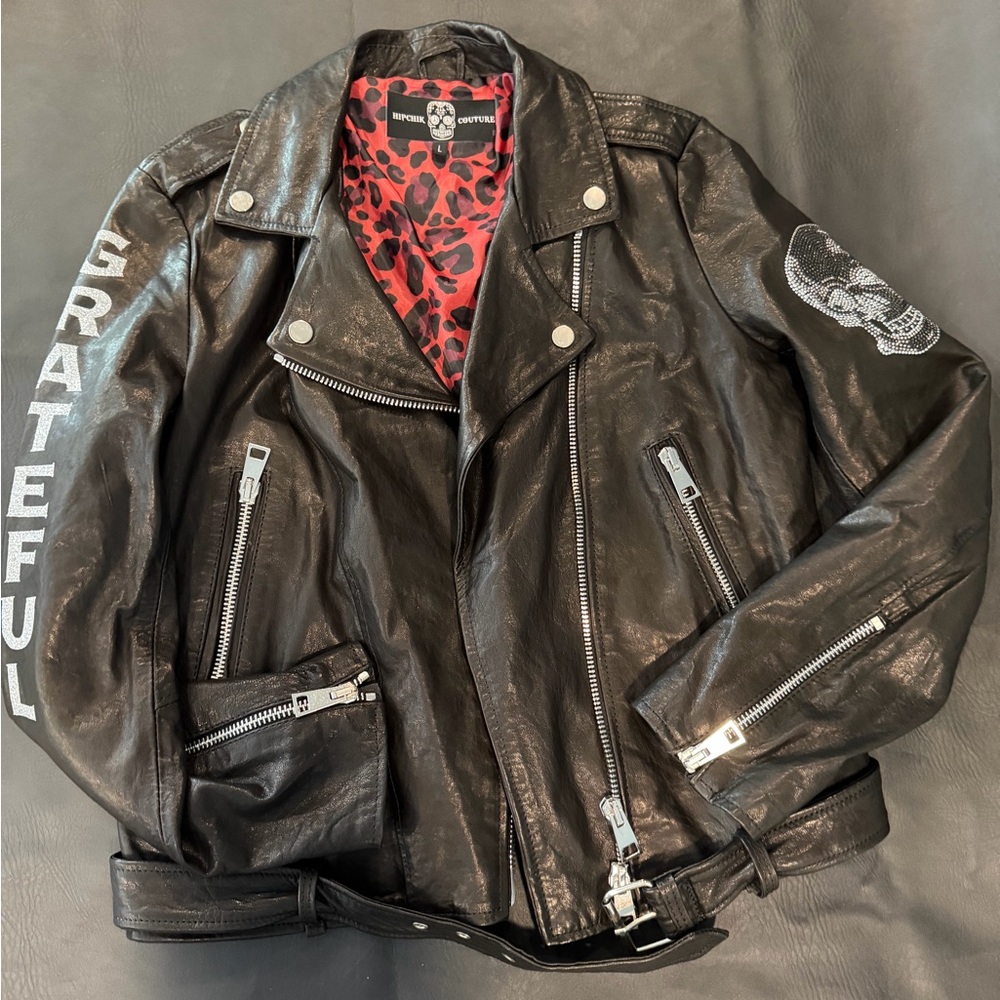 Grateful Dead Black Leather Biker Jacket with Skull Design